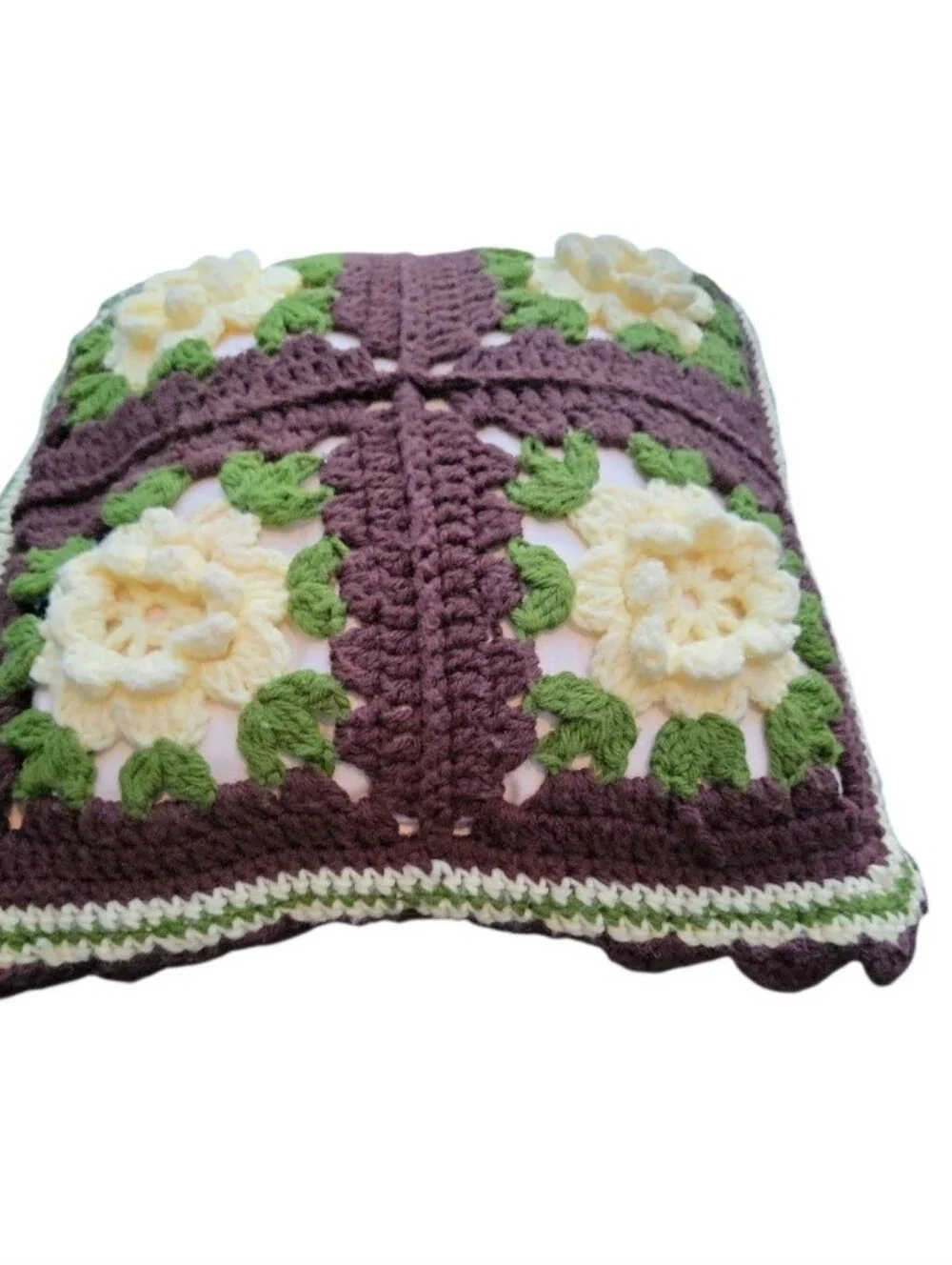 Vintage 70's Granny Square Crocheted Rosette Throw Pillow 17